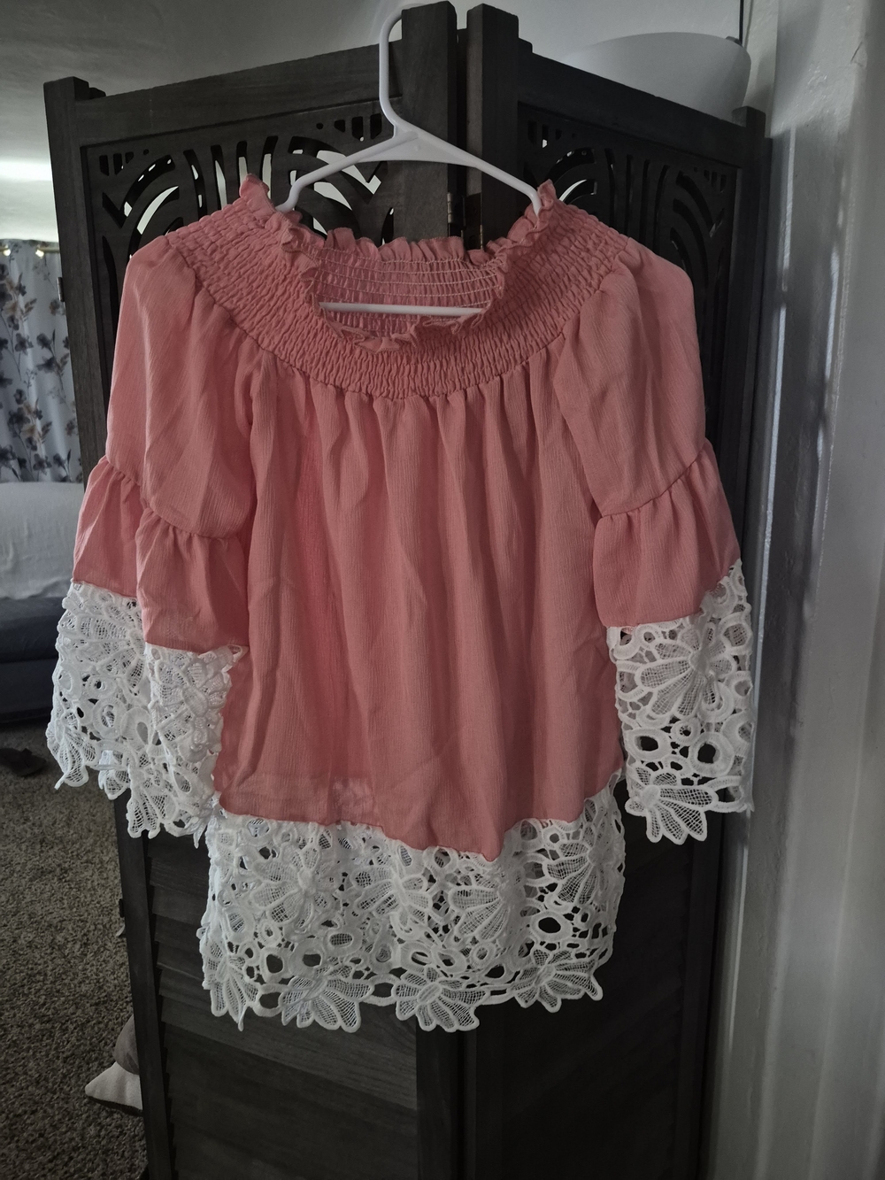 Women's Pink Off-Shoulder Blouse with White Lace Trim